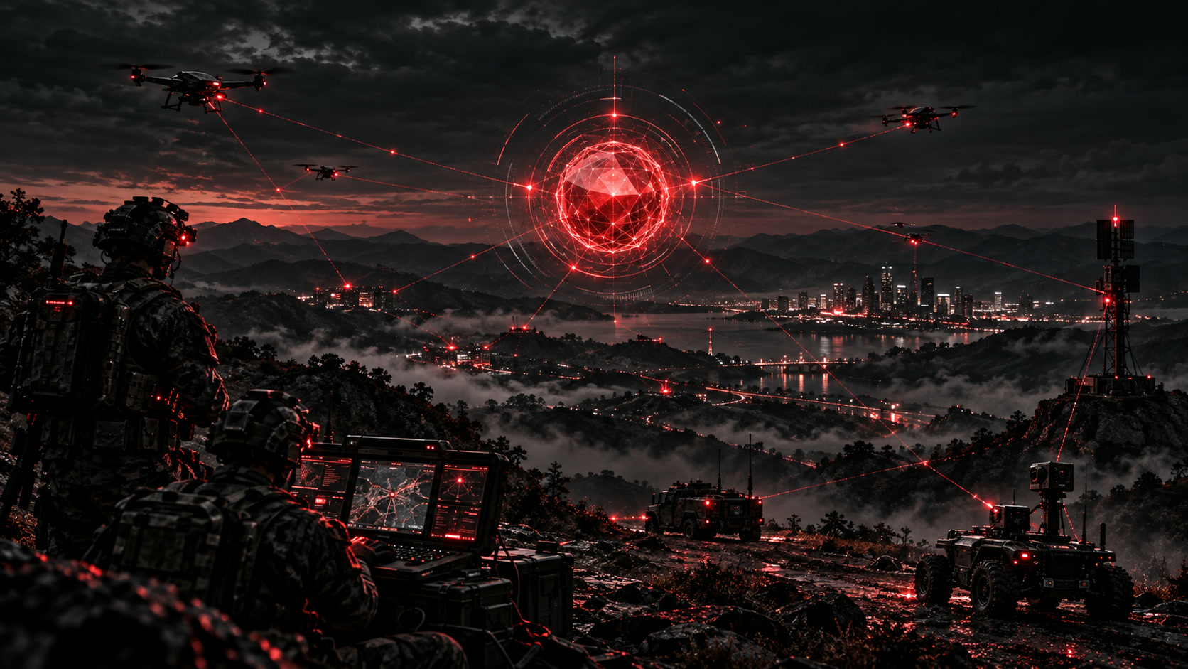 Operators on a ridge with drones, vehicles and a city linked by red lines